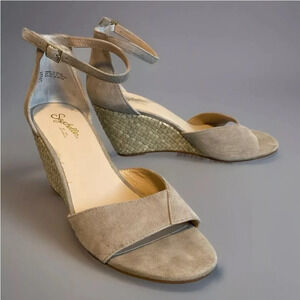 Seychelles Dual Purpose Leather Suede Taupe Wedges Sandals Shoes Size 9.5